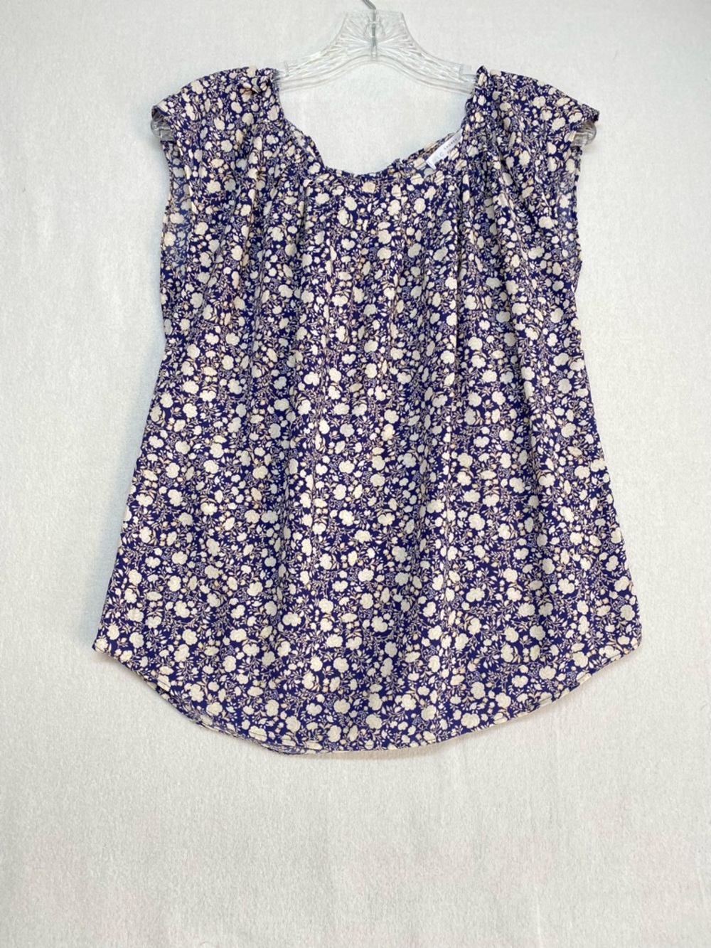 LC Lauren Conrad XS Floral Print Top Navy Cream Cap-Sleeve Tie Closure in Back